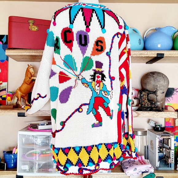 VNTG 80s Truly OOAK Amazonians Hand Knit Circus Clown Sweater Kitschy Tacky Sz L - Picture 3 of 6